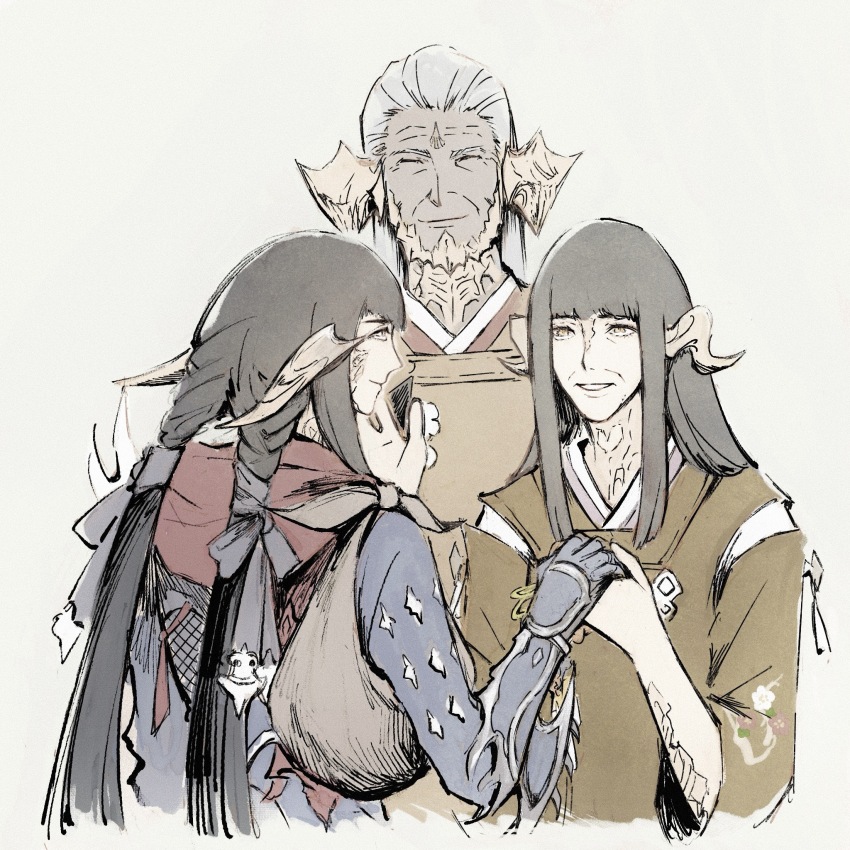 1boy 2girls arm_blade armor au_ra black_armor black_hair blue_armor blue_gloves cropped_torso family final_fantasy final_fantasy_xiv gauntlets gloves grey_background highres japanese_clothes low_twintails multiple_girls ninja_(final_fantasy) old old_man old_woman red_scarf reptile_boy reptile_girl scales scarf simple_background straight_hair twintails weapon white_hair yugiri_mistwalker zoe0701