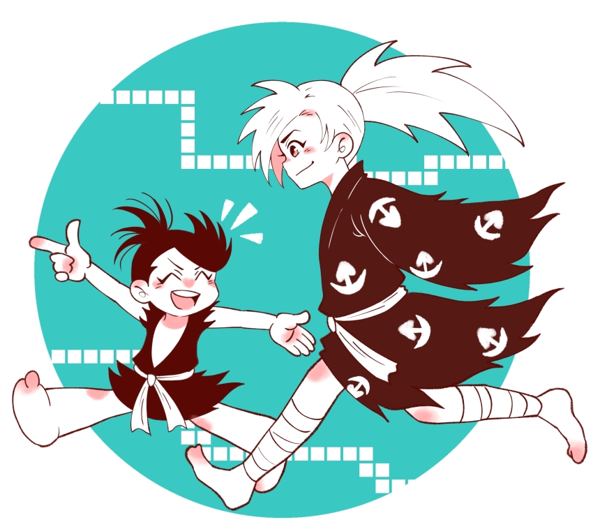 1boy 1girl amputee armless_amputee barefoot black_hair black_kimono closed_eyes dororo_(character) dororo_(tezuka) double_amputee highres hyakkimaru_(dororo) japanese_clothes kimono leg_wrap pointing running smile suzuri185 tezuka_osamu_(style) two-tone_background white_hair
