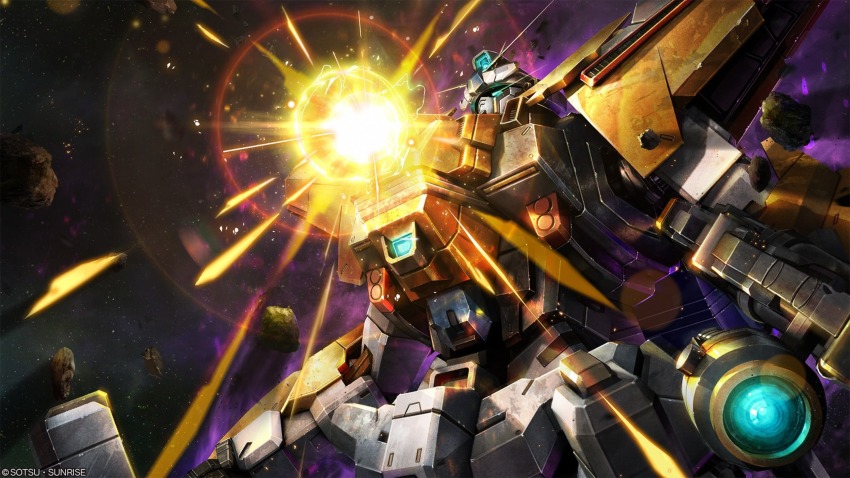 absurdres artist_request asteroid battle beam_cannon beam_rifle chest_cannon copyright_logo energy_beam energy_gun firing glowing gundam gundam_battle_operation_2 gundam_walpurgis highres machinery mecha mecha_focus nebula official_art over.on reactive_armor realistic robot science_fiction space star_(sky) sunrise sunrise_(company) v-fin weapon