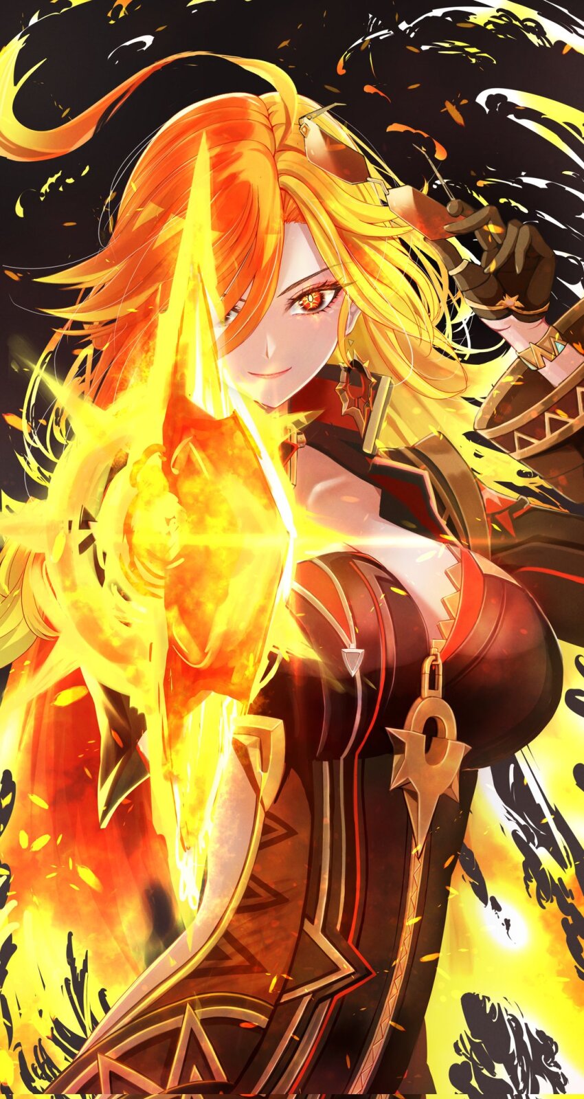 1girl a_thousand_blazing_suns_(genshin_impact) ahoge biker_clothes bikesuit black_bodysuit black_gloves bodysuit breasts cleavage closed_mouth clothing_cutout commentary_request earrings fire genshin_impact gloves half_gloves highres holding holding_removed_eyewear holding_sword holding_weapon huge_ahoge jewelry large_breasts long_hair looking_at_viewer mavuika_(genshin_impact) orange_eyes orange_hair orange_pupils partially_unzipped penguintake pointing pointing_at_viewer pointing_melee_weapon pointing_sword smile solo strapless_bodysuit sun_earrings sword symbol_in_eye unworn_eyewear very_long_hair weapon wide_sleeves zipper zipper_pull_tab