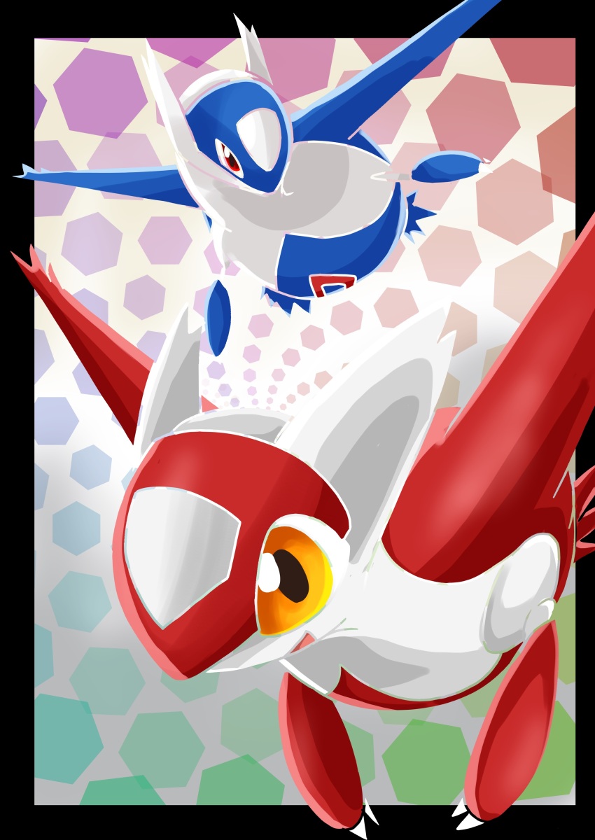 absurdres claws flying game_freak gen_3_pokemon highres latias latios legendary_pokemon nikkado nintendo open_mouth pokemon pokemon_(creature) red_eyes smile wings yellow_eyes