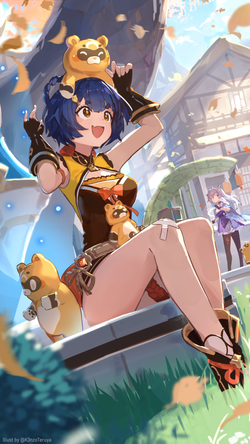 1other 2girls black_gloves blue_sky blurry blush braid building cleavage_cutout closed_mouth clothing_cutout cone_hair_bun day dot_mouth double_bun dress eyelashes fingerless_gloves full_body genshin_impact gloves grass guoba_(genshin_impact) hair_bun highres k3nzoteruta keqing_(genshin_impact) leg_tattoo long_hair looking_afar looking_back looking_up mandarin_collar multiple_girls open_mouth orange_eyes pantyhose purple_dress purple_eye purple_hair shoes short_eyebrows short_hair sidelocks sitting sky sunlight tattoo thighs tree xiangling_(genshin_impact) yellow_leaves