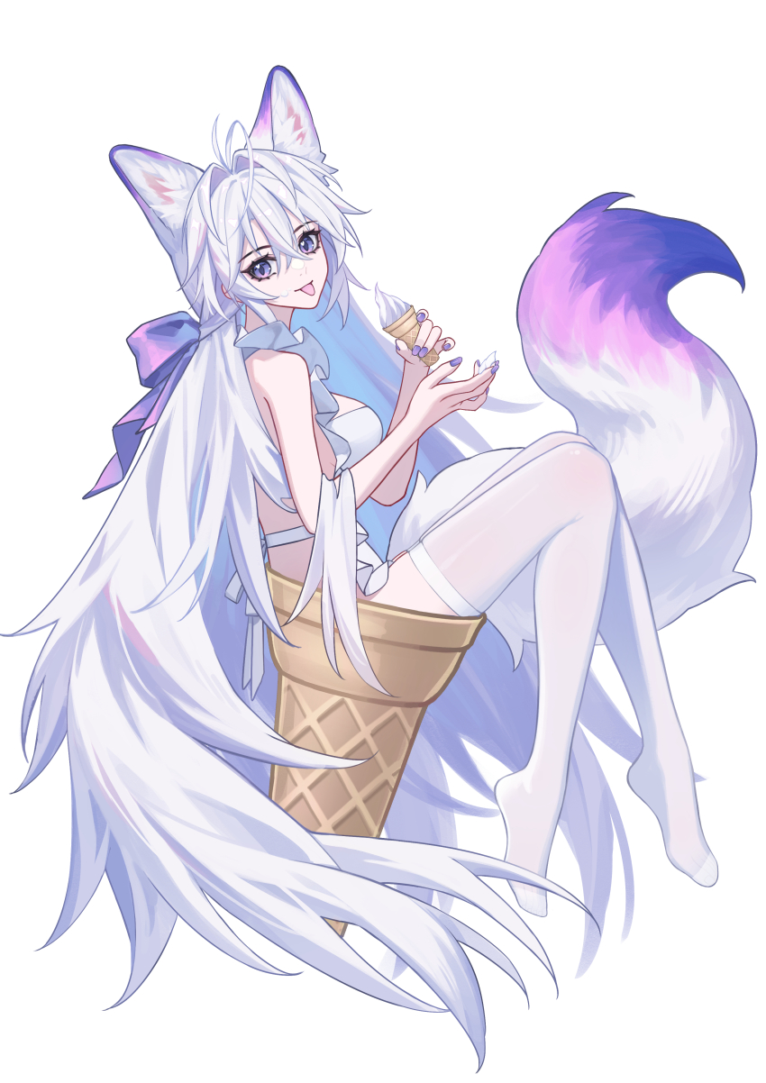 1girl :p absurdly_long_hair absurdres animal_ears apron bow breasts commentary food fox_ears fox_girl from_side full_body hair_between_eyes hair_bow highres holding holding_food holding_ice_cream ice_cream ice_cream_cone large_breasts long_hair looking_at_viewer luo_shun_yao meng_xi_xuan nail_polish naked_apron no_shoes original purple_bow purple_eyes purple_nails revision simple_background solo thighhighs tongue tongue_out very_long_hair white_background white_hair white_thighhighs