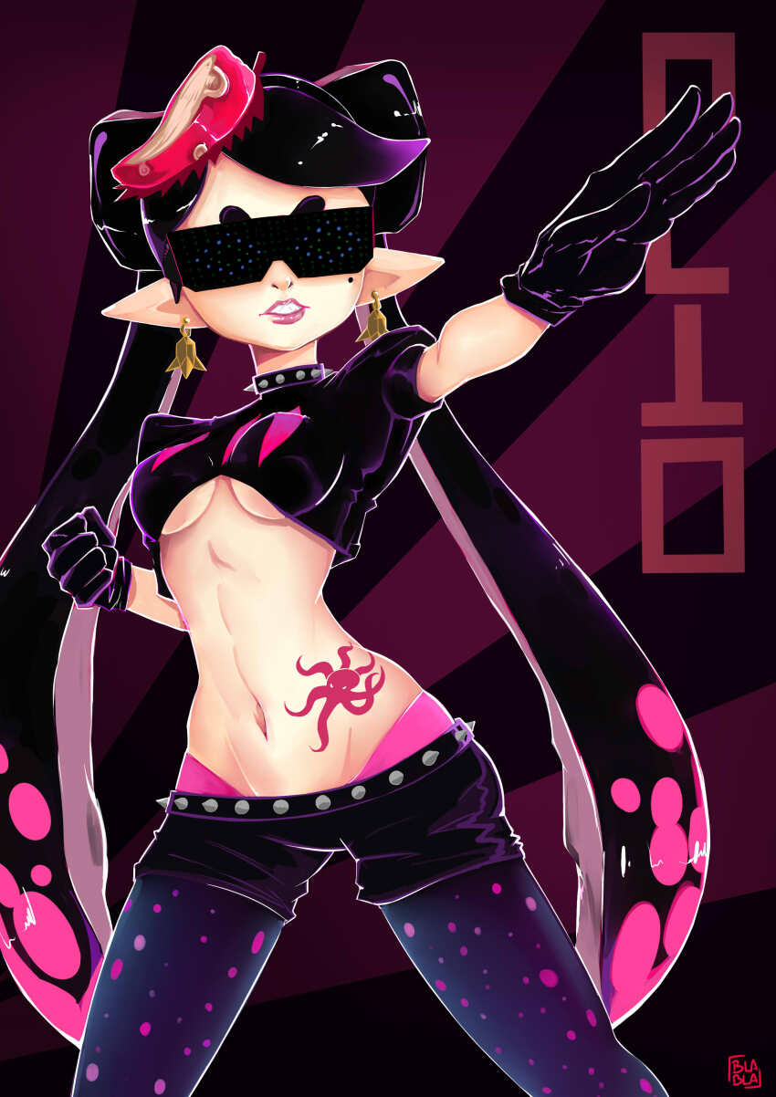 absurdres arm_behind_body belt black_background black_gloves black_hair black_shirt black_shorts bow bow-shaped_hair breasts callie_(octo_idol_outfit)_(splatoon) callie_(splatoon) clenched_hand collar cowlick crop_top earrings fighting_stance fish_(food) food food_on_head gazeozo gloves gold_earrings gradient_hair hat highres hypnoshades_(splatoon) jewelry long_hair long_pointy_ears midriff mole mole_under_eye multicolored_hair navel nintendo object_on_head octopus_hair_ornament octopus_sashimi octopus_sausage_earrings octopus_tattoo official_alternate_costume outstretched_arm padded_shoulders pale_skin panties pantyhose parted_lips pink_hair pink_hat pink_panties pointy_ears polka_dot_pantyhose purple_pantyhose red_leaf red_shiso_leaf red_tattoo sashimi serious shirt short_eyebrows short_shorts short_sleeves shorts simple_background spiked_collar spiked_waistband spikes splatoon_(series) splatoon_2 spotted_hair spread_legs standing stomach_tattoo studded_belt studded_collar suction_cups sunglasses swept_bangs tattoo teeth tentacle_hair thick_eyebrows twintails underboob underwear very_long_hair