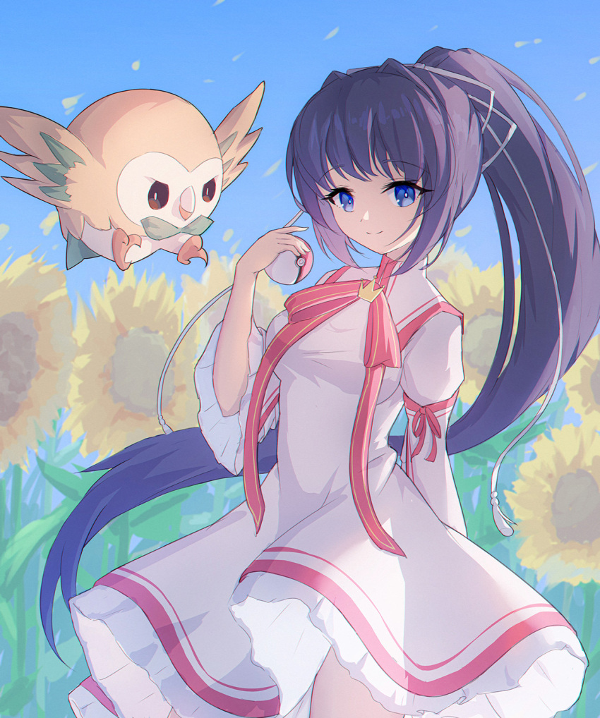 1girl arm_behind_back black_hair blue_background blue_eyes bright_pupils closed_mouth commentary cowboy_shot crossover crown dress eyelashes field floating_hair flower flower_field frilled_dress frilled_sleeves frills gen_7_pokemon hair_between_eyes hair_intakes hair_ribbon hand_up highres holding holding_poke_ball juliet_sleeves kazamatsuri_institute_high_school_uniform konohana_lucia long_hair long_ribbon long_sleeves looking_at_viewer mini_crown neck_ribbon nintendo poke_ball pokemon pokemon_(creature) ponytail puffy_sleeves red_ribbon rewrite ribbon rowlet school_uniform shiki_hamaguri simple_background smile solo split_mouth standing sunflower sunflower_field tsurime very_long_hair white_dress white_pupils white_ribbon wide_sleeves