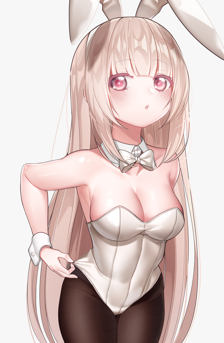 1girl absurdres adjusting_clothes adjusting_leotard animal_ears bare_shoulders black_pantyhose blush bow bowtie breasts cleavage collar cowboy_shot detached_collar fake_animal_ears grey_background groin hairband highres leotard light_brown_hair long_hair looking_at_viewer medium_breasts original pantyhose parted_lips playboy_bunny rabbit_ears red_eyes simple_background solo strapless strapless_leotard the_cold very_long_hair white_bow white_bowtie white_collar white_hairband white_leotard wing_collar wrist_cuffs