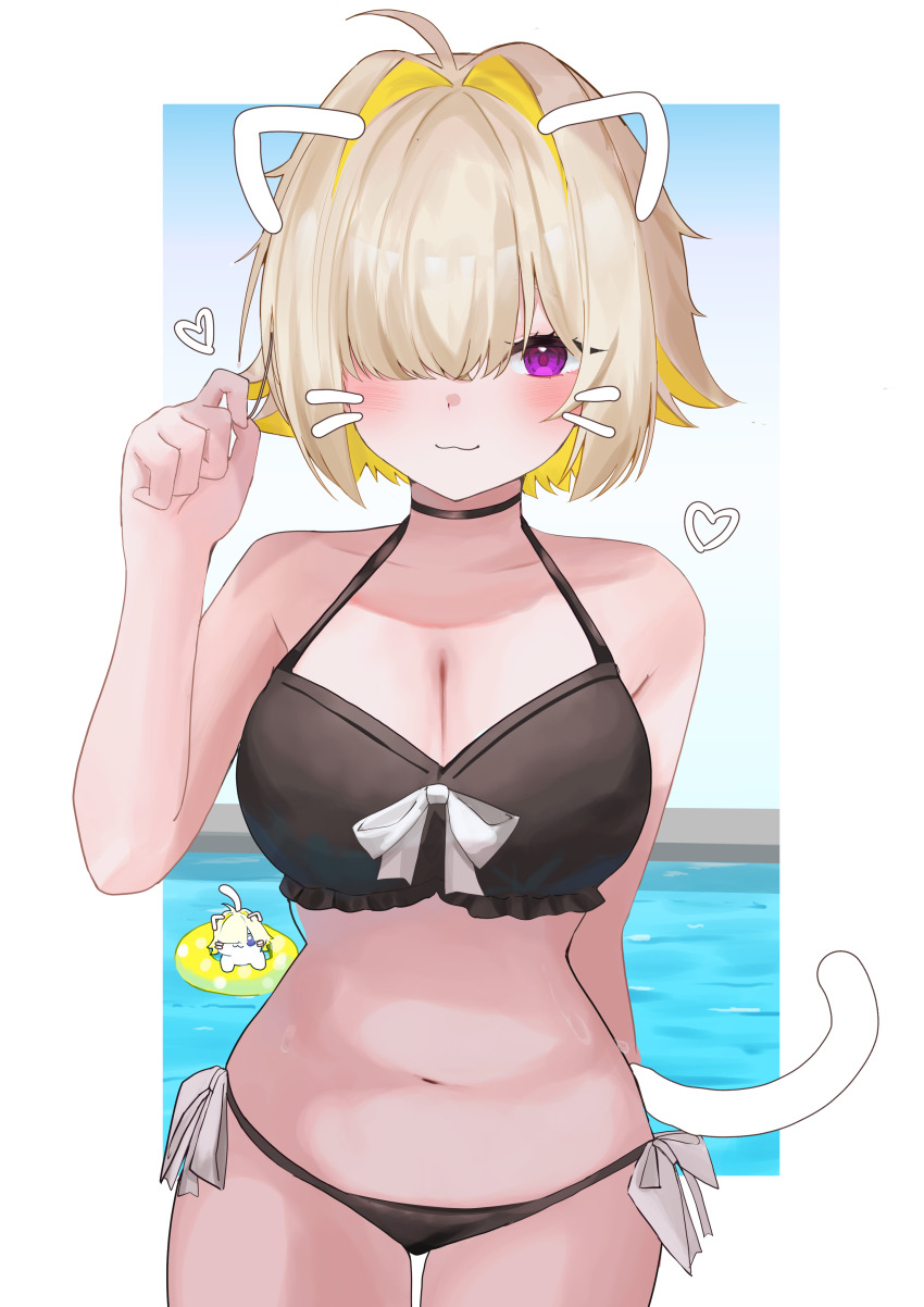 1girl :3 absurdres ahoge animal_ears bare_shoulders bikini black_bikini black_choker blue_sky blush breasts cat cat_ears cat_tail choker cleavage closed_mouth collarbone colored_inner_hair commentary day elegg_(nikke) goddess_of_victory:_nikke hair_intakes hair_over_one_eye highres innertube large_breasts looking_at_viewer medium_hair multicolored_hair namakepo navel outdoors pink_eyes side-tie_bikini_bottom sky smile stomach swim_ring swimsuit tail thighs two-tone_hair white_background