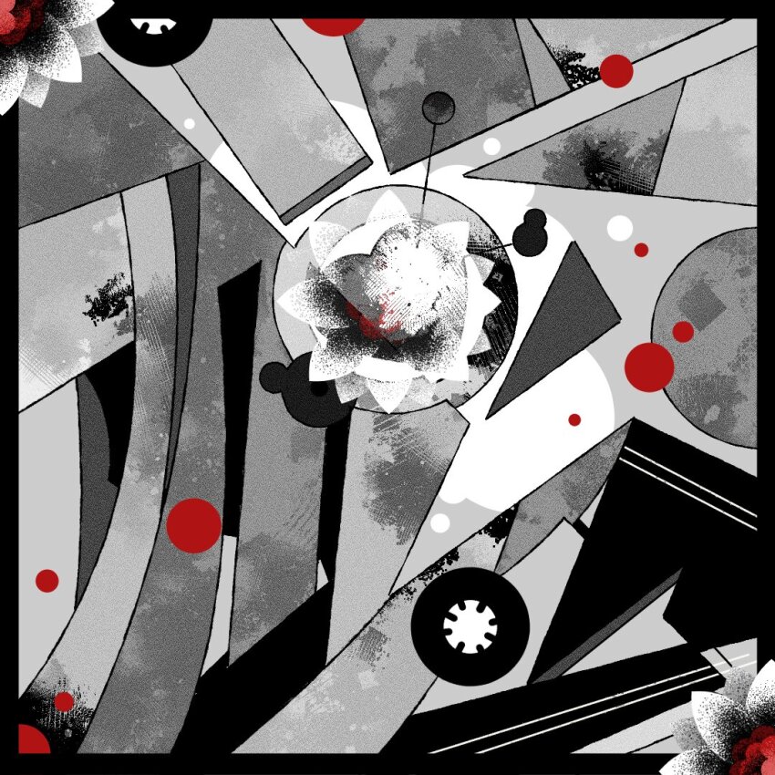 abstract black_border border flower greyscale machigami_yoh monochrome no_humans original shapes spot_color