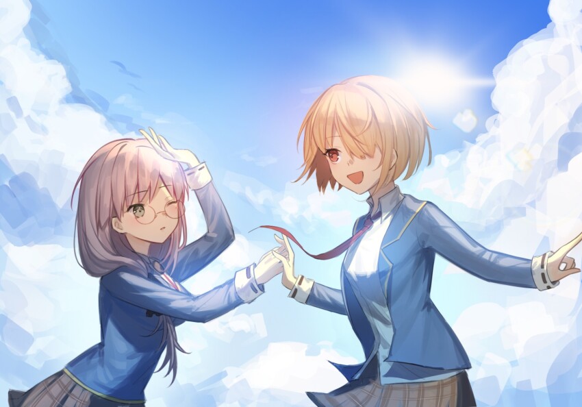 2girls blonde_hair blue_jacket blue_sky breasts cloud glasses green_eyes grey_hair hair_ornament hair_over_one_eye hair_over_shoulder hairclip heaven_burns_red highres izumi_yuki_(heaven_burns_red) jacket kayamori_ruka kr_woyue long_hair long_sleeves looking_at_another low-tied_long_hair multiple_girls necktie red_eyes red_necktie round_eyewear shirt short_hair sky white_shirt yuri