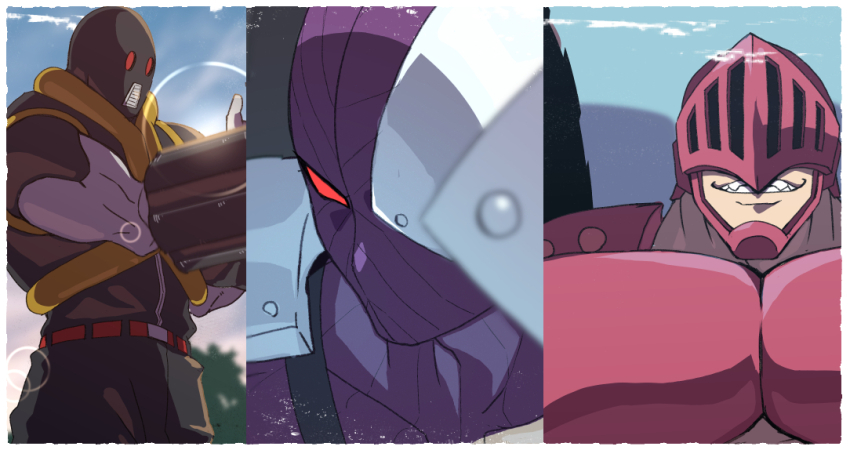 3boys android artist_request biceps close-up cloud cloudy_sky crushman_(kinnikuman) day evil_smile fangs grin kinnikuman looking_at_viewer max_radial_(kinnikuman) monster_boy multiple_boys muscular no_humans serious shaded_face sky smile standing turboman_(kinnikuman)