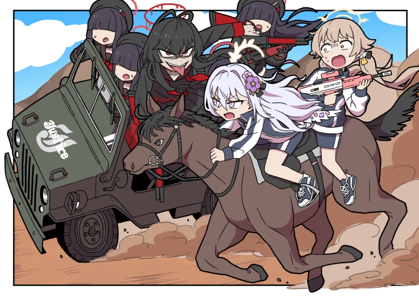 6+girls :d :o :p angel_wings antenna_hair assault_rifle azusa_(blue_archive) black_choker black_hair black_serafuku black_shorts black_skirt blue_archive blue_sky blunt_bangs brown_hair bullpup choker clone cloud cloudy_sky commentary_request driving feathered_wings flower gun gym_shirt gym_shorts gym_uniform hair_between_eyes hair_flower hair_ornament halo hat hifumi_(blue_archive) highres holding holding_gun holding_weapon horse horseback_riding jacket justice_task_force_member_(blue_archive) l85 long_hair long_sleeves looking_at_another military_jeep motor_vehicle multiple_girls nervous_sweating official_alternate_costume open_mouth outdoors pleated_skirt purple_eyes red_choker red_eyes riding rifle school_hat school_uniform serafuku shirt short_shorts shorts sidelocks skirt sky smile sweat sweatdrop tongue tongue_out track_jacket tsurugi_(blue_archive) v-shaped_eyebrows washin weapon white_hair white_shirt white_wings wings yellow_eyes