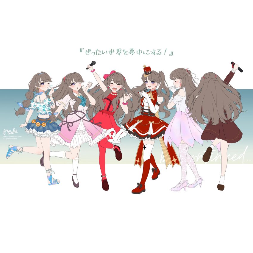 1girl ;) ;o arm_up aurora_flower_(love_live!) bare_shoulders belt black_bow blue_sandals blue_skirt boots bow brown_belt brown_dress brown_hair brown_shoes clothing_cutout commentary_request cropped_shirt denim denim_skirt do!_do!_do!_(love_live!) dream_believers dress earrings finger_heart footwear_bow frilled_dress frilled_shirt frills fujishima_megumi full_body hair_bow hasu_no_sora_school_uniform hat heart heart_earrings high_heels highres holding holding_microphone instagram_username jacket jewelry key_of_like! knee_boots kneehighs lace lace_thighhighs layered_dress link!_like!_love_live! loafers long_hair long_sleeves love_live! low_twintails medium_dress microphone mini_hat mini_shako_cap miniskirt mochi_tsu22 multi-tied_hair multiple_views natsumeki_pain one_eye_closed open_clothes open_jacket pink_dress pink_shoes pink_skirt pleated_dress puffy_short_sleeves puffy_sleeves purple_eyes red_boots red_bow red_dress red_hat red_jacket sandals school_uniform shako_cap shirt shoes short_dress short_sleeves shoulder_cutout signature skirt sleeveless sleeveless_dress sleeveless_jacket smile socks thighhighs toes translation_request twintails twitter_username two_side_up virtual_youtuber white_dress white_shirt white_socks white_thighhighs winter_uniform