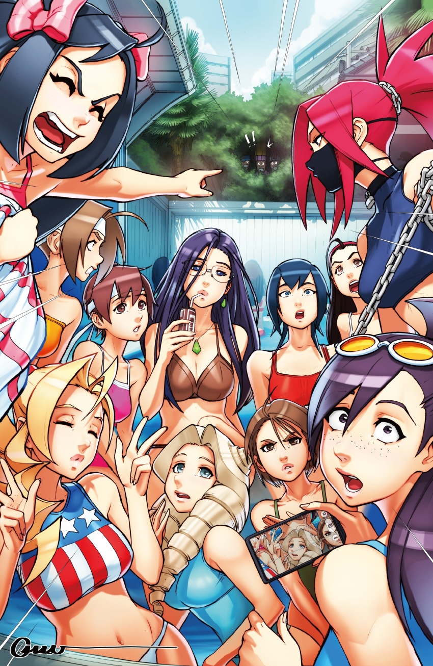 3boys 6+girls absurdres ahoge american_flag_bikini american_flag_print ayuhara_natsu bikini black_hair breasts capcom caught cellphone chain cleavage covering_breasts covering_privates double_v drill_hair emphasis_lines eyewear_on_head flag_print freckles glasses group_picture headband hibiki_ran highres himezaki_aoi iinchou_(justice_gakuen) justice_gakuen karuizawa_momo kasugano_sakura kazama_akira kirishima_yurika mask minazuki_kyouko moero!_justice_gakuen mouth_mask multiple_boys multiple_girls omar_dogan peeking phone pink_hair print_bikini rimless_eyewear roberto_miura sawamura_shouma smartphone street_fighter sunglasses swimsuit tankini tiffany_lords twin_drills v wakaba_hinata yamada_eiji