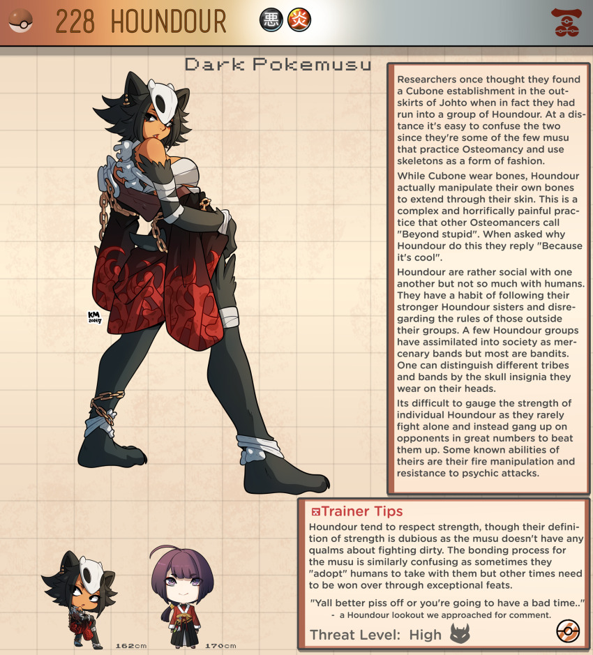 1boy 1girl animal_ears black_eyes black_fur black_hair chain character_name character_profile chest_sarashi colored_skin commentary dog_ears dog_girl dog_tail ear_piercing english_commentary gen_2_pokemon highres houndour kinkymation looking_back medium_hair monster_girl nintendo orange_skin personification piercing poke_ball pokemon sarashi signature tail