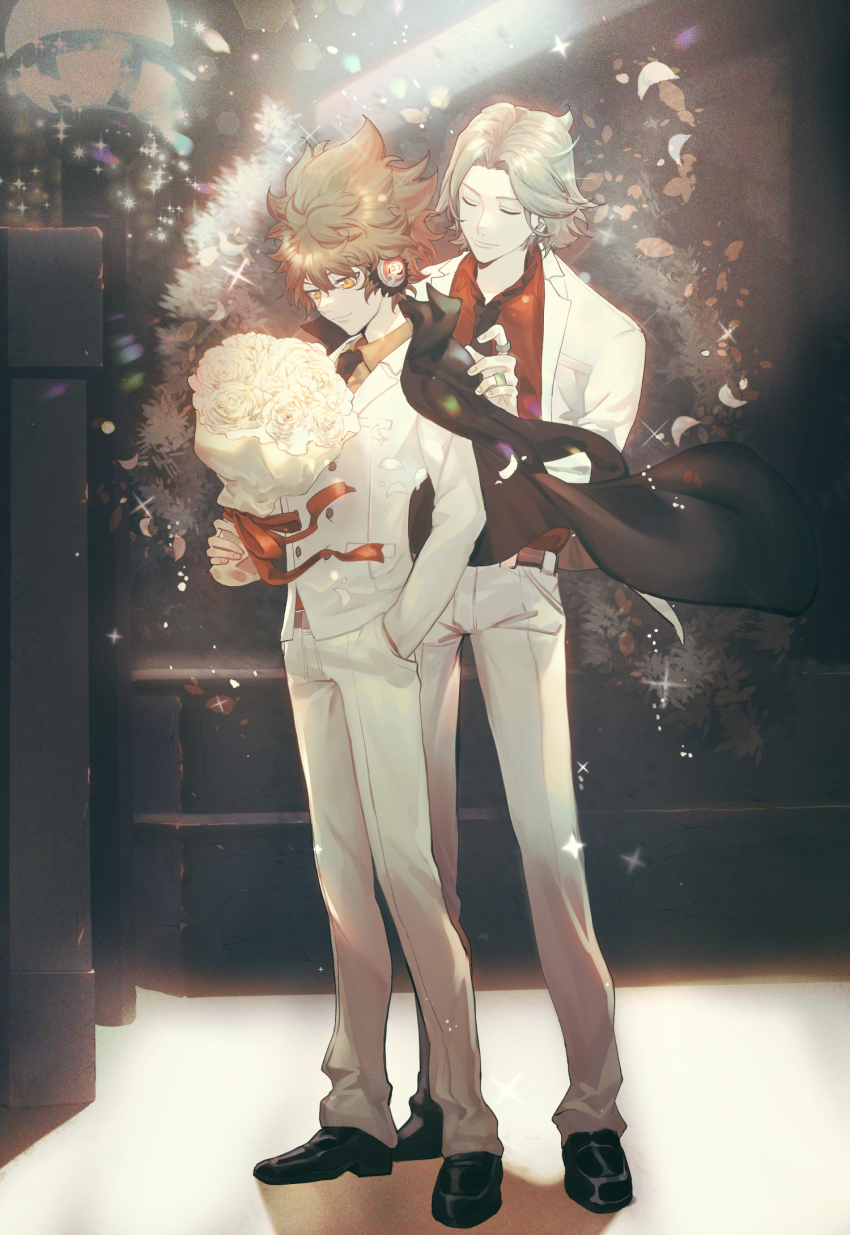 2boys belt black_jacket blonde_hair bouquet brown_hair closed_eyes closed_mouth collared_shirt flower formal_clothes full_body glasses gokudera_hayato grey_hair hand_in_pocket highres holding holding_bouquet jacket katekyo_hitman_reborn! long_sleeves looking_at_viewer male_focus multiple_boys necktie pants red_shirt rose sawada_tsunayoshi shirt shoes short_hair smile sparkle standing suit suit_jacket white_flower white_jacket white_pants white_rose white_suit xi_yuu yaoi yellow_eyes