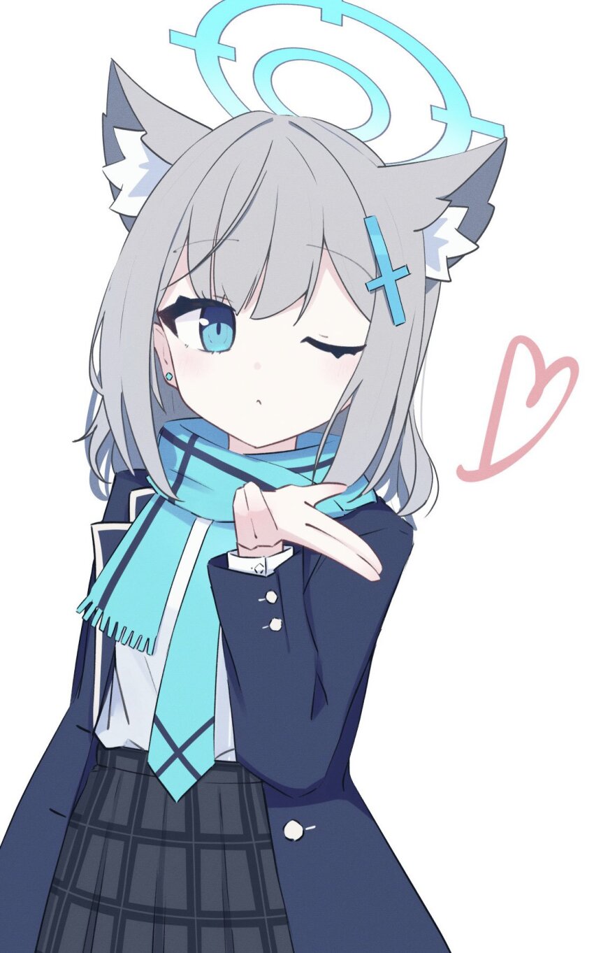 1girl animal_ears black_skirt blowing_kiss blue_archive blue_eyes blue_jacket blue_scarf commentary_request cross_hair_ornament earrings grey_hair hair_ornament halo heart highres jacket jewelry long_sleeves looking_at_viewer one_eye_closed plaid_clothes plaid_skirt pleated_skirt scarf school_uniform shiroko_(blue_archive) shirt short_hair simple_background skirt solo unoi white_background white_shirt wolf_ears