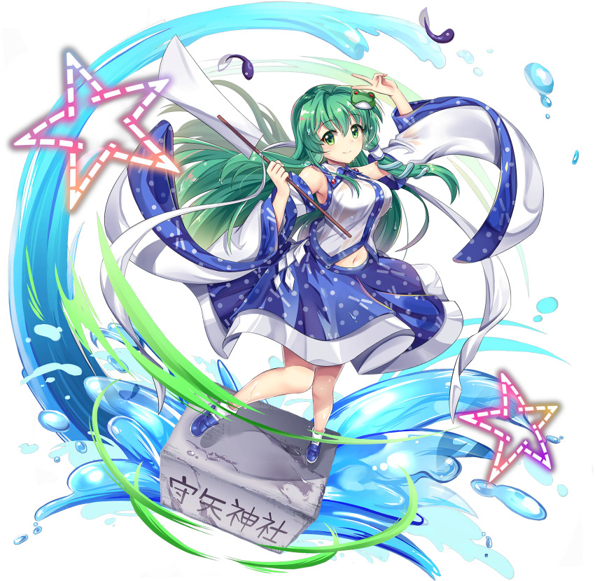1girl blue_shoes blue_skirt box breasts closed_mouth detached_sleeves frog_hair_ornament full_body game_cg gohei green_eyes green_hair hair_ornament hair_tubes highres holding holding_gohei kochiya_sanae large_breasts loafers long_hair looking_at_viewer navel official_art rotte_(1109) shirt shoes sidelocks single_hair_tube skirt smile snake_hair_ornament socks solo standing star_(symbol) tadpole third-party_source touhou touhou_lostword translated transparent_background v very_long_hair water white_shirt white_socks wide_sleeves