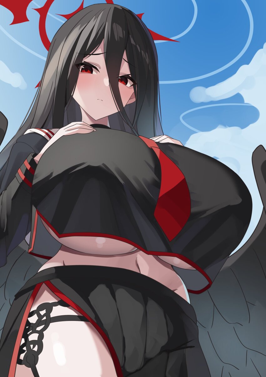 1girl absurdres black_choker black_hair black_serafuku black_skirt black_wings blue_archive breasts choker commentary_request feathered_wings hair_between_eyes halo hands_on_own_chest hasumi_(blue_archive) highres huge_breasts lace-trimmed_garter_belt lace_trim long_hair long_hair_between_eyes long_sleeves looking_at_viewer low_wings navel necktie outdoors panty_straps pleated_skirt red_eyes red_halo red_necktie satoyama_meu school_uniform serafuku shirt_overhang side_slit skirt solo underboob very_long_hair wings
