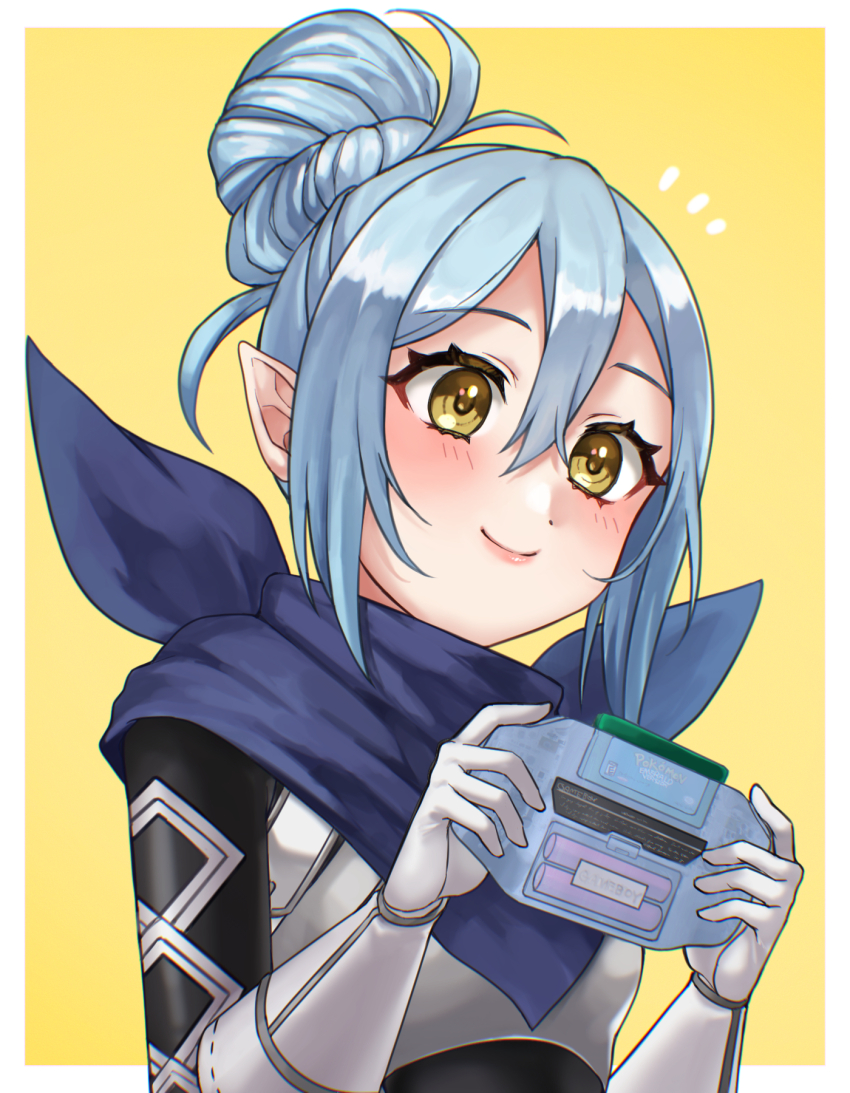 1girl armor blue_hair blue_scarf blush border closed_mouth commentary_request fire_emblem fire_emblem_fates game_boy_advance gloves grey_gloves hair_bun handheld_game_console hazuki_(nyorosuke) highres female_kana_(fire_emblem) nintendo outside_border playing_games pointy_ears pokemon pokemon_rse scarf short_hair simple_background single_hair_bun smile solo white_border yellow_background yellow_eyes