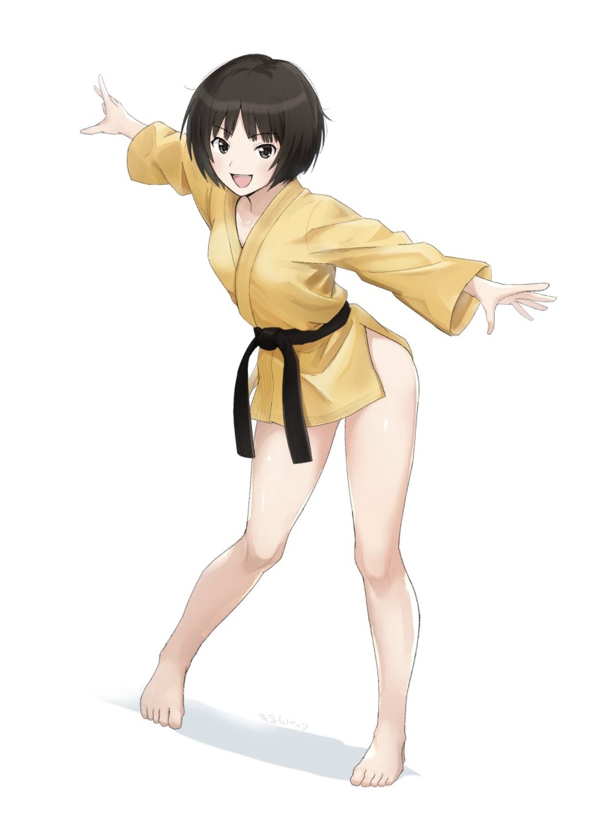 1girl amagami artist_name barefoot belt black_belt black_eyes black_hair blush bob_cut dougi full_body gyuunyuu_pack_(tanaka) highres long_sleeves looking_at_viewer loose_hair_strand martial_arts_belt obi open_mouth outstretched_arms pigeon-toed sash shadow shirt short_hair simple_background smile solo spread_arms standing tachibana_miya teeth thighs upper_teeth_only white_background yellow_shirt