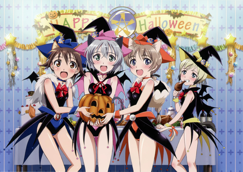 4girls animal_ears bare_legs bare_shoulders bat_(animal) blonde_hair blue_eyes blush bottle brown_eyes brown_hair cake cat_ears cat_tail chicken_(food) choker dot_nose eating english_text erica_hartmann food garland_(decoration) grey_eyes grey_hair halloween halloween_costume happy_halloween hat highres holding holding_food holding_jack_o_lantern jack-o&#039;-lantern legs looking_at_viewer lynette_bishop medium_hair miyafuji_yoshika multiple_girls official_art open_mouth sanya_v._litvyak standing star_(symbol) strike_witches table tail teeth turkey_(food) witch witch_hat world_witches_series wrist_cuffs