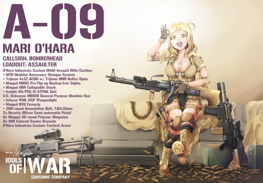 10s 1girl ammunition ammunition_belt ammunition_box assault_rifle beretta_90two blonde_hair bolt-action_shotgun bolt_action boots braid breasts bullpup cartridge cleavage crown_braid dog_tags english_text gun hair_rings handgun highres hiroki_ree knee_pads love_live! love_live!_sunshine!! m26-mass m4_carbine m60_(machine_gun) machine_gun modular_weapon_system ohara_mari ok_sign open_mouth rifle skindentation sniper_rifle straight-pull_shotgun straight_pull suppressor transforming_weapon under-barrel_configuration underbarrel_shotgun walther walther_wa_2000 weapon yellow_boots yellow_eyes