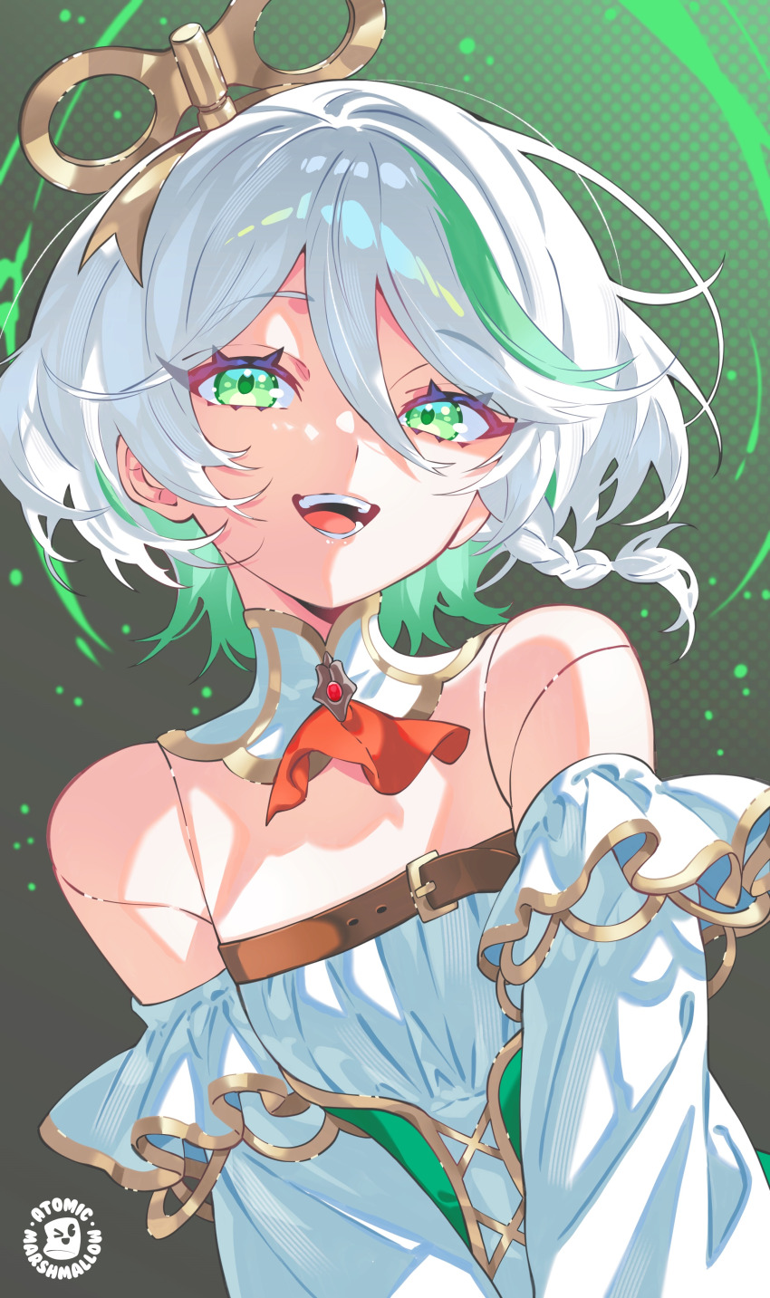 1girl :d absurdres artist_logo ascot atomicmrshmallw bare_shoulders braid cecilia_immergreen cecilia_immergreen_(1st_costume) colored_inner_hair commentary corset cross-laced_clothes cross-laced_corset detached_collar detached_sleeves doll_joints double-parted_bangs dress english_commentary flat_chest green_corset green_eyes green_hair grey_hair hair_between_eyes hair_ornament highres hololive hololive_english joints logo looking_at_viewer multicolored_hair open_mouth red_ascot shirt short_hair side_braid single_braid smile solo strapless strapless_dress strapless_shirt streaked_hair underbust upper_body virtual_youtuber white_shirt white_sleeves winding_key