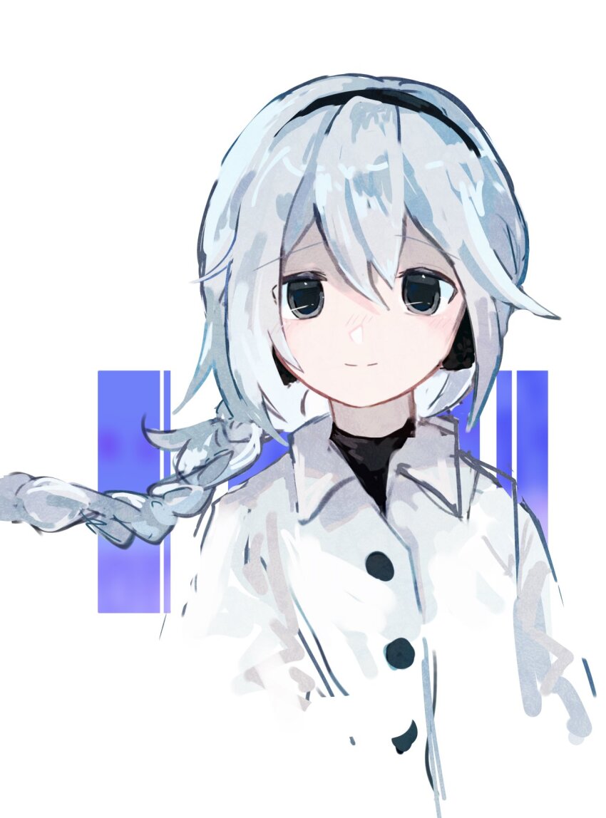 1girl braid buttons closed_mouth collared_jacket double-parted_bangs earmuffs floating_hair furrowed_brow grey_eyes grey_hair hair_between_eyes highres jacket long_hair mizuna_(327) sekka_yufu single_braid smile solo split_mouth upper_body utau white_jacket