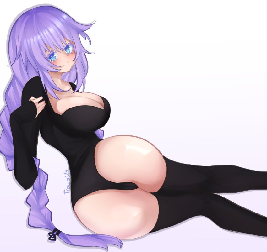 1girl absurdres artist_name black_socks blue_eyes braid breasts cleavage commentary highres large_breasts long_hair neptune_(neptunia) neptune_(series) power_symbol-shaped_pupils purple_hair purple_heart_(neptunia) simple_background socks solo symbol-shaped_pupils teawaito twin_braids white_background