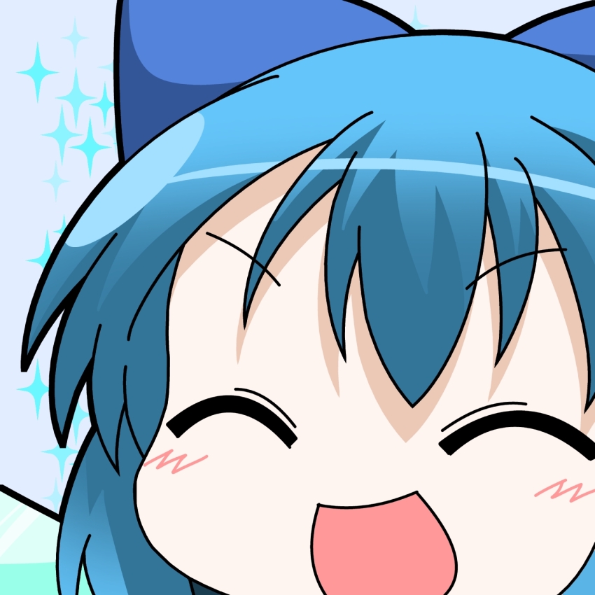 1girl blue_background blue_bow blue_hair bow cirno close-up closed_eyes commentary_request hair_bow highres ice ice_wings mikazuki_neko open_mouth smile solo sparkle sparkling_aura touhou wings