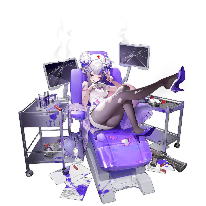 1girl ;p ahoge bandaid bandaid_on_shoulder black_pantyhose blunt_bangs blush breasts broken_screen cart chair comb controller cross detached_sleeves double_bun dress expressive_clothes faux_figurine fn_tps foot_up full_body game_controller girls&#039;_frontline grey_hair grey_sleeves hair_bun hair_ornament hair_ribbon has_bad_revision has_censored_revision hat heart heart-shaped_mirror heart-shaped_pillow heart_hair_ornament high_heels highres holding holding_controller holding_game_controller huge_ahoge kidney_tray large_breasts legs looking_at_viewer mirror monitor multicolored_hair multiple_monitors nurse nurse_cap official_alternate_costume official_art one_eye_closed panties pantyhose pantyshot paper pill pillow pink_bandaid purple_eyes purple_hair purple_liquid purple_nails purple_ribbon purple_shoes red_cross ribbon s.joop shoe_dangle shoes short_dress short_hair shotgun_shell sidelocks simple_background sitting sleeveless sleeveless_dress smoke solo streaked_hair stuffing surgical_scissors test_tube test_tube_rack third-party_source tongue tongue_out torn_clothes torn_pantyhose tps_(cardiac_arrest)_(girls&#039;_frontline) tps_(girls&#039;_frontline) transparent_background two-tone_hair underwear unworn_sleeves v weapon_on_floor white_dress x_hair_ornament