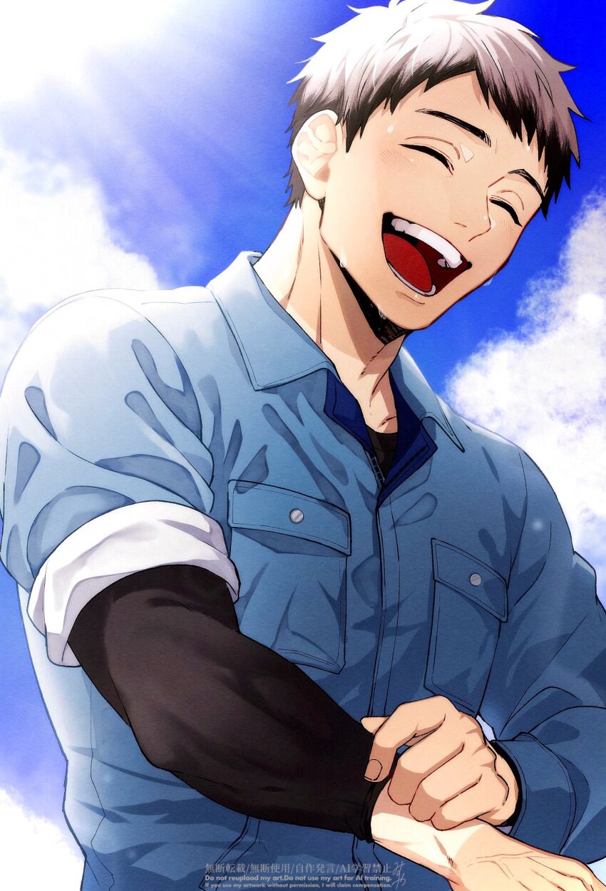 1boy black_hair black_shirt blue_jacket closed_eyes cloud collared_jacket commentary_request fingernails grey_hair haikyuu!! hand_on_own_arm highres jacket kita_shinsuke layered_sleeves light_rays long_sleeves male_focus multicolored_hair official_alternate_costume omg_genjitsu open_mouth outdoors parted_bangs shirt short_hair short_over_long_sleeves short_sleeves sky sleeves_rolled_up smile solo sun sunbeam sunlight sweat teeth tongue two-tone_hair upper_body watermark wing_collar