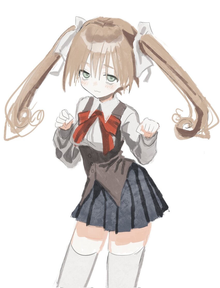 1984_(cw1000110) 1girl :3 blue_skirt bow bowtie brown_hair brown_vest closed_mouth collared_shirt cowboy_shot green_eyes hair_bow hands_up highres long_hair long_sleeves looking_at_viewer pleated_skirt red_bow red_bowtie sayonara_wo_oshiete school_uniform shirt simple_background sketch skirt smile solo standing tamachi_mahiru thighhighs twintails vest white_background white_bow white_shirt white_thighhighs