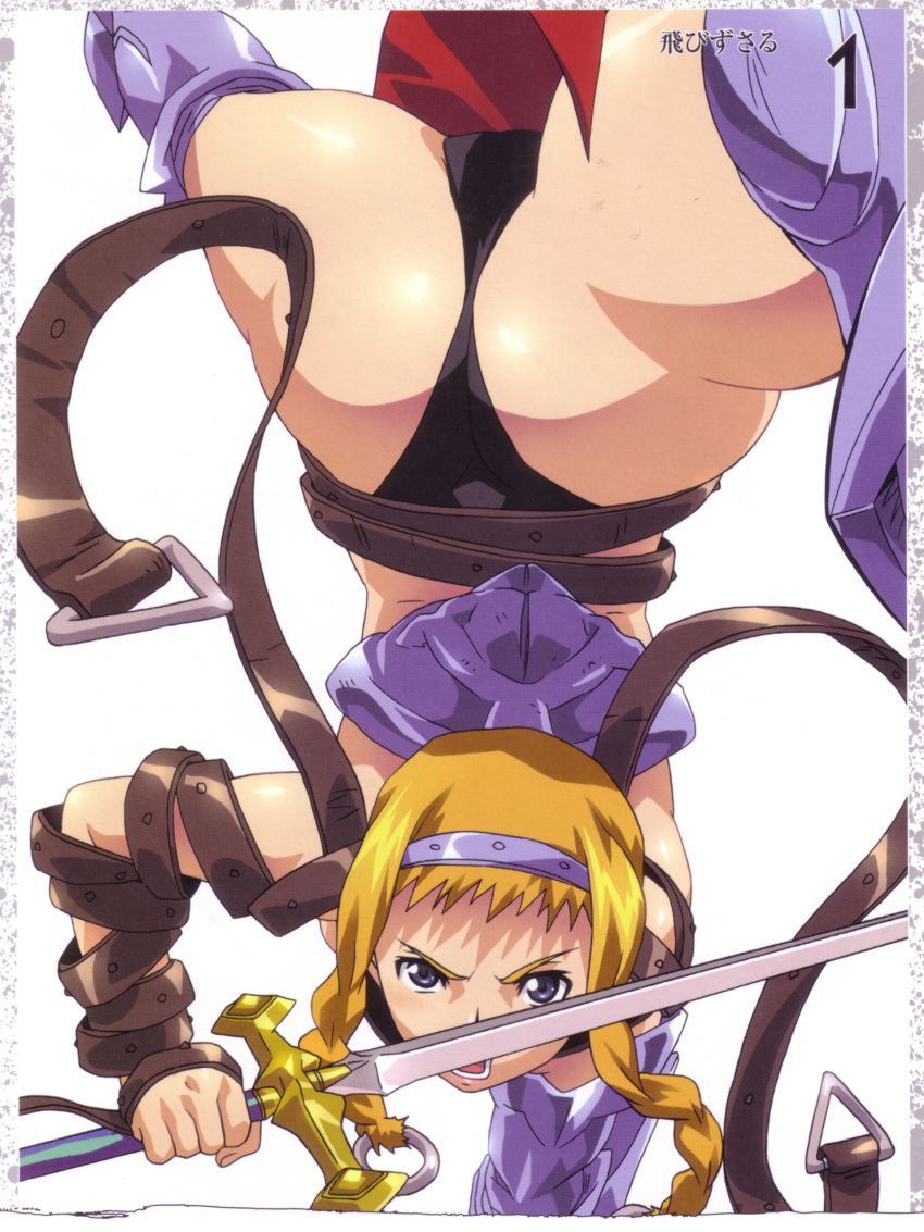 1girl absurdres armor artbook ass back blonde_hair blush boots braid buckle curvy exiled_warrior_leina female_focus hairband highres hisayuki_hirokazu huge_ass jumping leina_(queen&#039;s_blade) looking_at_viewer official_art queen&#039;s_blade queen&#039;s_blade_lost_worlds revealing_clothes scan shield shiny_skin solo spread_legs sweat sword thong twin_braids weapon