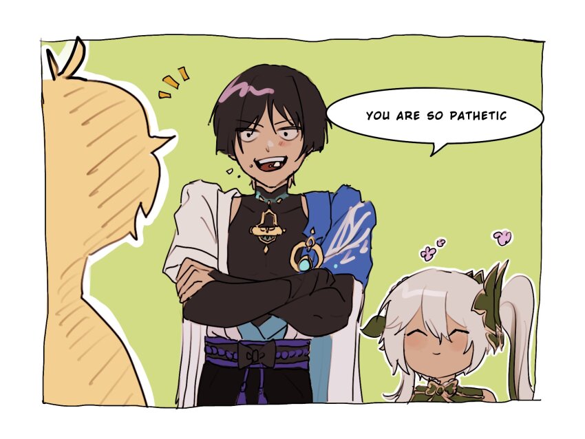 ._. 1boy 1girl 1other :&gt; alternate_skin_color armor bare_shoulders belt black_belt black_bodysuit black_bow black_bridal_gauntlets black_hair black_shorts blue_cape blue_gemstone blue_kimono blunt_ends blush bodysuit border bow bridal_gauntlets cape closed_eyes closed_mouth crossed_arms crumbs dark-skinned_female dark-skinned_male dark_skin flower gem genshin_impact gold green_hair hair_between_eyes hair_ornament han&#039;eri hand_on_own_arm height_difference highres insult japanese_armor japanese_clothes kimono kote kurokote layered_kimono leaf leaf_hair_ornament long_hair looking_at_another mandarin_collar mmh_nom multicolored_hair nahida_(genshin_impact) notice_lines open_clothes open_kimono open_mouth pink_flower pointy_ears purple_rope rope scaramouche_(genshin_impact) short_sleeves shorts shoulder_peek side_ponytail sidelocks sketch smile streaked_hair tassel teeth upper_teeth_only v-shaped_eyebrows wanderer_(genshin_impact) white_border white_hair white_kimono white_sleeves white_trim yellow_background