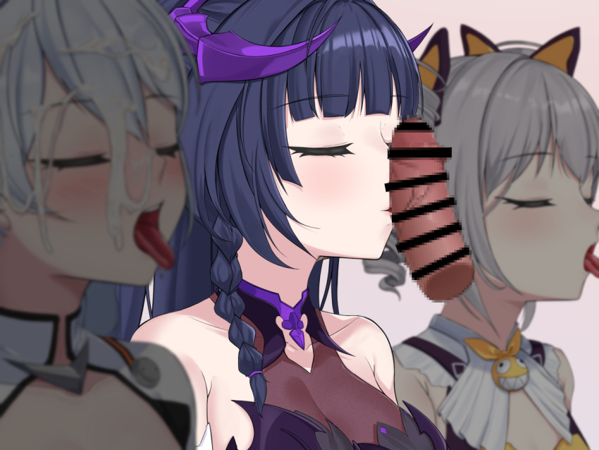 1boy 3girls :d bar_censor bare_shoulders blush bodysuit bow breasts bronya_zaychik bronya_zaychik_(yamabuki_armor) censored cleavage cleavage_cutout closed_eyes clothing_cutout commentary_request disembodied_penis drill_hair fake_horns grey_hair hair_bow halloween_costume hetero homu_(honkai_impact) honkai_(series) honkai_impact_3rd horns hyunjjing kiana_kaslana kiana_kaslana_(white_comet) kissing_penis leotard long_hair mosaic_censoring multiple_girls open_mouth oral_invitation penis ponytail purple_hair purple_leotard raiden_mei raiden_mei_(eventide_phantom) raiden_mei_(lightning_empress) smile tongue tongue_out twin_drills upper_body very_long_hair white_bodysuit white_hair yellow_bow yellow_leotard