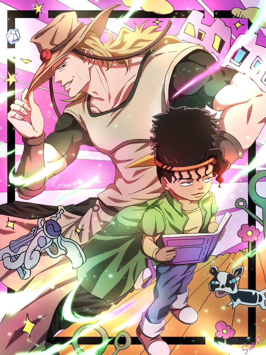 2boys absurdres black_eyes black_hair black_pants black_shirt blonde_hair blue_eyes blue_pants boingo book closed_mouth dark-skinned_male dark_skin dog emperor_(stand) full_body green_jacket highres hol_horse holding holding_book iggy_(jojo) jacket jojo_no_kimyou_na_bouken long_sleeves male_focus multiple_boys pants pelvic_curtain red_footwear shirt shoes short_sleeves smile sneakers stand_(jojo) stardust_crusaders thoth_(stand) visor_cap watawata_nr_(siroraku) yellow_shirt