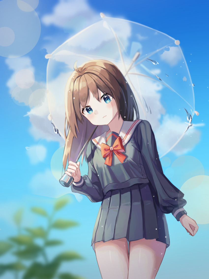 1girl :| absurdres ahoge black_serafuku black_shirt black_skirt blue_eyes blue_sky blurry bow brown_hair chabi009 closed_mouth cloud cloudy_sky cropped_shirt day depth_of_field from_below gradient_sky hair_intakes head_tilt high-waist_skirt highres holding holding_umbrella lens_flare light_blush light_particles long_hair long_sleeves looking_at_viewer original plant pleated_skirt puffy_long_sleeves puffy_sleeves red_bow sailor_collar school_uniform serafuku shirt skirt sky tareme transparent transparent_umbrella umbrella water_drop white_sailor_collar