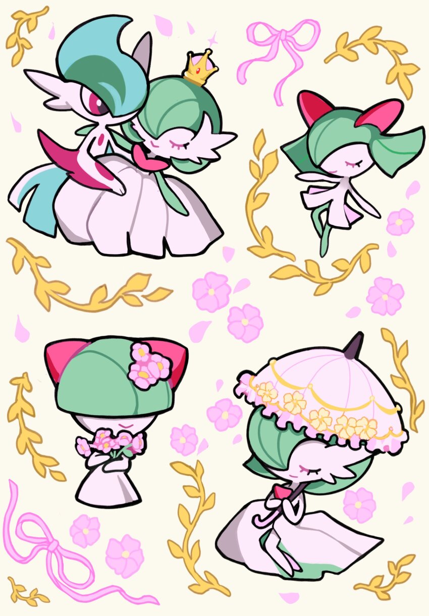 arm_blade bob_cut bowl_cut cape closed_eyes colored_skin crown dress flower gallade gardevoir gen_3_pokemon gen_4_pokemon green_hair green_skin hair_over_one_eye highres horns im_raechu kirlia mega_gallade mega_gardevoir mega_pokemon multicolored_skin nintendo parasol pink_flower pokemon pokemon_(creature) ralts sidelocks smile two-tone_skin umbrella weapon white_cape white_dress white_skin