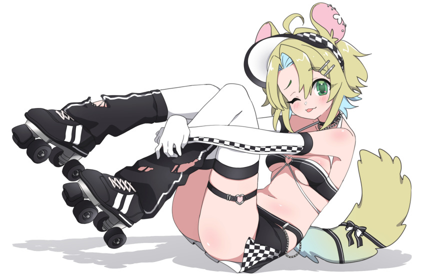 1girl :p ashton_marten_(vtuber) black_ribbon chain chain_necklace checkered_clothes checkered_skirt chinchilla_(animal) chinchilla_ears chinchilla_girl chinchilla_tail collar ear_piercing hair_ornament hairpin highres hugging_own_legs indie_virtual_youtuber jerboa_tail jewelry legs_up multiple_hairpins navel necklace nekoromancer piercing ribbon roller_skates simple_background skates skirt smug solo spiked_collar spikes tail tail_ornament tail_ribbon thighhighs tongue tongue_out visor_cap zettai_ryouiki