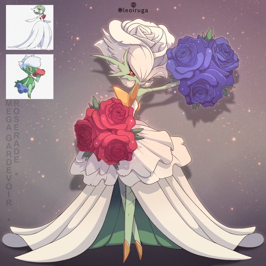 artist_name character_name colored_skin dress flower fusion gardevoir gen_3_pokemon gen_4_pokemon green_skin hair_flower hair_ornament highres leoiruga looking_at_viewer mega_gardevoir mega_pokemon nintendo pokemon pokemon_(creature) purple_flower purple_rose red_eyes red_flower red_rose reference_inset rose roserade smile strapless strapless_dress white_dress