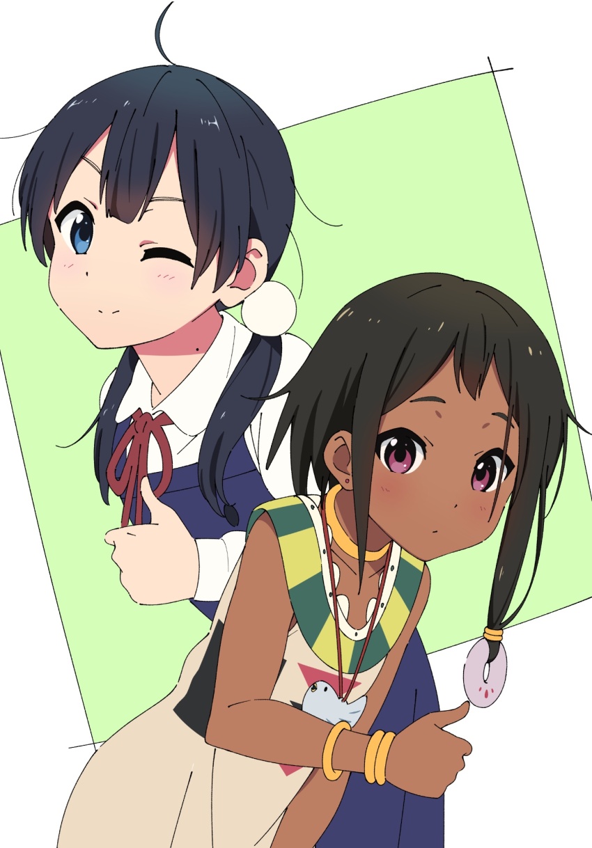 2girls black_hair blue_dress blue_eyes choi_mochimazzui dark-skinned_female dark_skin dress expressionless highres kitashirakawa_tamako looking_at_viewer multiple_girls one_eye_closed purple_eyes school_uniform semham shirt sleeveless sleeveless_dress smile tamako_market thumbs_up white_shirt yellow_dress