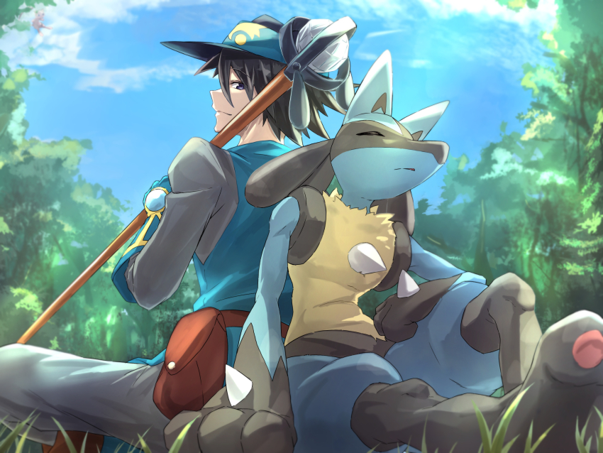 1boy back-to-back black_hair blue_eyes blue_sky blue_tunic closed_eyes forest game_freak gen_1_pokemon gen_4_pokemon gloves grey_pants highres itsudzumi legendary_pokemon lucario mew_(pokemon) mythical_pokemon nature nintendo outdoors pants pokemon pokemon:_lucario_and_the_mystery_of_mew pokemon_(anime) pokemon_(creature) pokemon_rse_(anime) short_hair sir_aaron sitting sky spikes staff tunic visor_cap