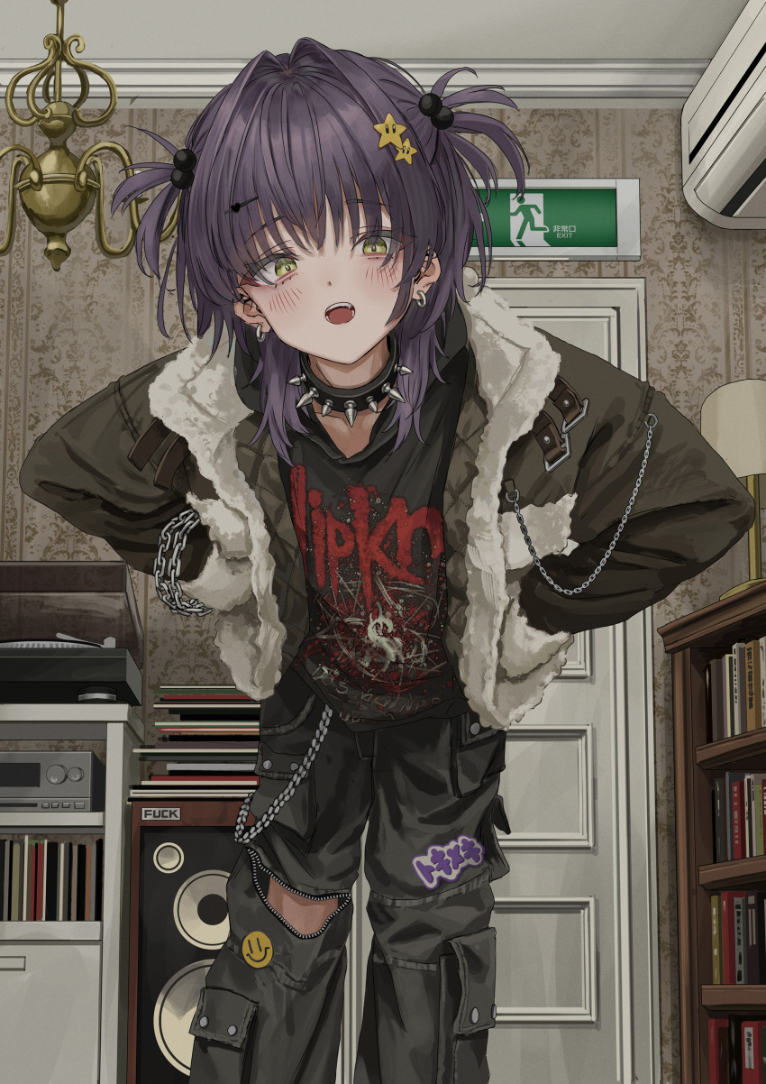 1girl absurdres band_shirt black_choker black_pants black_shirt blush bookshelf cargo_pants chain chandelier choker collarbone earrings exit_sign fur-trimmed_jacket fur_trim gishiki_(gshk) green_eyes green_jacket hair_intakes hair_ornament heavy_metal highres indoors jacket jewelry lamp leaning_forward long_sleeves looking_at_viewer medium_hair merchandise open_clothes open_jacket open_mouth original pants partially_unzipped phonograph profanity shirt short_twintails slipknot smiley_face solo speaker spiked_choker spikes standing star_(symbol) star_hair_ornament t-shirt teeth twintails wallpaper_(object)