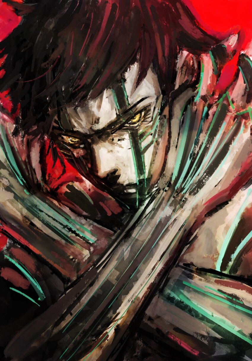 1boy arm_tattoo black_hair demi-fiend facial_tattoo full-body_tattoo hands_up highres kyezzzz looking_at_viewer male_focus pale_skin red_background shin_megami_tensei shin_megami_tensei_iii:_nocturne short_hair solo tattoo topless_male v-shaped_eyebrows x_arms yellow_eyes