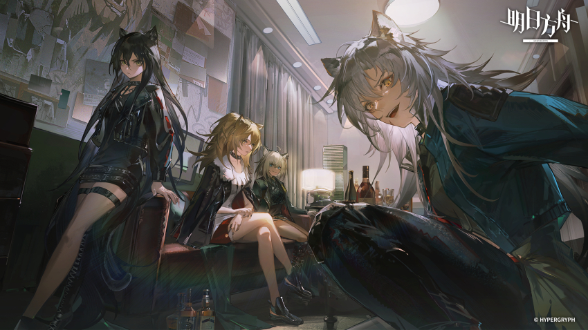 4girls alcohol animal_ears arknights asymmetrical_footwear belt black_choker black_hair black_jacket black_shirt black_shoes blonde_hair blue_eyes blue_jacket boots bottle bulletin_board ceiling_light chinese_commentary choker commentary_request copyright_logo copyright_notice couch cropped_jacket curtains dagda_(arknights) denim fur-trimmed_jacket fur-trimmed_shorts fur_trim glass green_shirt highres indra_(arknights) jacket jeans lamp leaning_on_object long_hair medium_hair morgan_(arknights) multiple_girls official_art open_mouth pants red_shorts scar scar_on_face shirt shoes shorts siege_(arknights) sitting studded_choker white_hair white_shirt yellow_eyes
