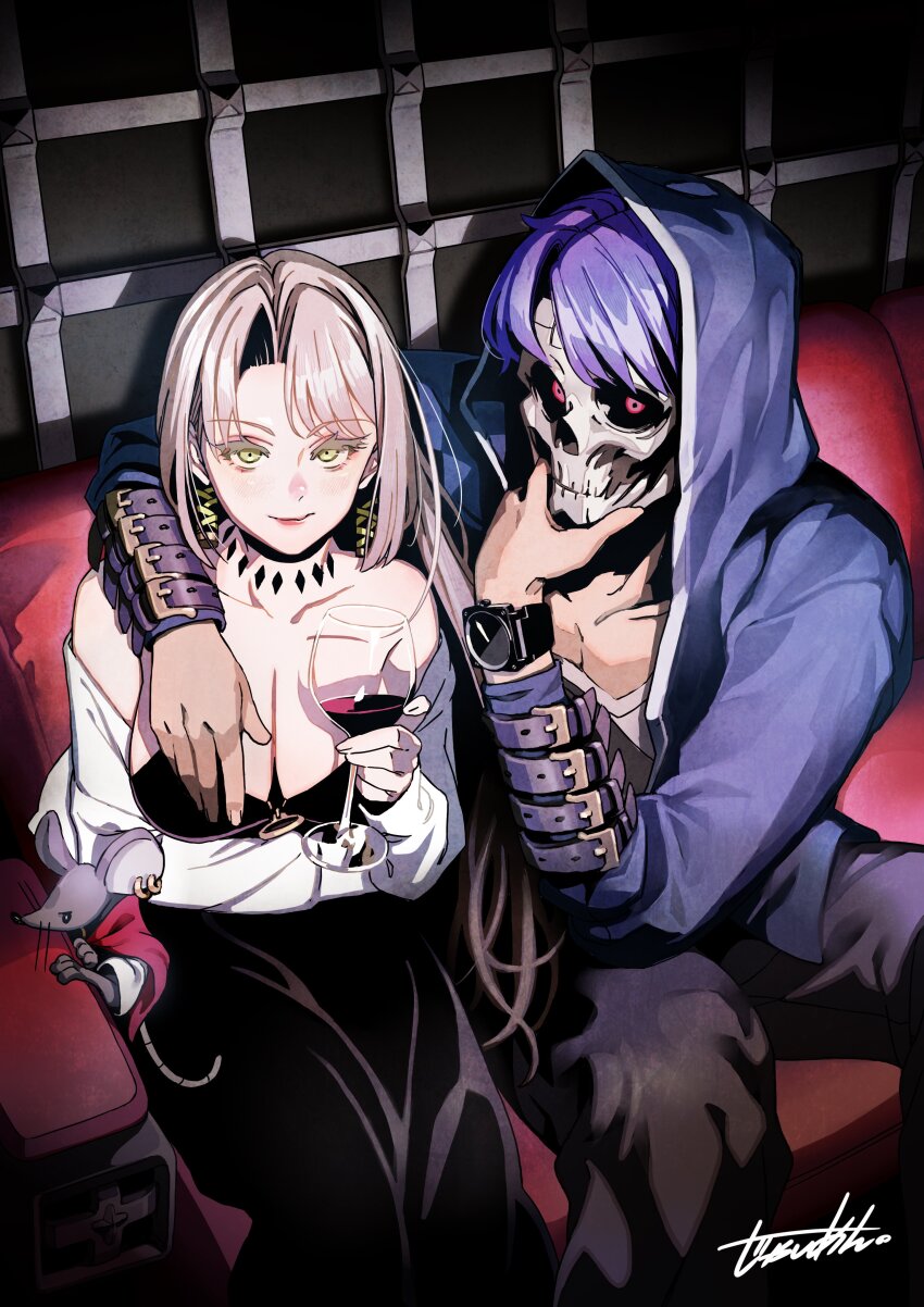 1boy 1girl absurdres alcohol artist_name bare_shoulders belt black_dress breasts brown_hair cleavage couch cowboy_shot cup dress drinking_glass earrings eyebrows_hidden_by_hair hand_on_own_chin highres holding holding_cup hood jaian jewelry large_breasts lips long_hair long_sleeves looking_at_viewer lorraine_vivie mouse_(animal) nozomanu_fushi_no_boukensha open_clothes purple_hair red_eyes red_wine rentt_faina short_hair sitting skeleton smile undead very_long_hair watch wine wine_glass wristwatch yellow_eyes