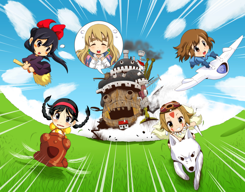 1980s_(style) 5girls akiyama_mio bow braid broom broom_riding castle company_connection cosplay earrings closed_eyes hair_bow highres hirasawa_yui howl howl_(cosplay) howl_(howl_no_ugoku_shiro) howl_(howl_no_ugoku_shiro)_(cosplay) howl_no_ugoku_shiro jewelry k-on! kawamura_river kaze_no_tani_no_nausicaa kiki_(majo_no_takkyuubin) kiki_(majo_no_takkyuubin)_(cosplay) kotobuki_tsumugi majo_no_takkyuubin mehve mononoke_hime multiple_girls nakano_azusa nausicaa nausicaa_(cosplay) oldschool retro_artstyle riding san_(cosplay) san_(mononoke_hime) sheeta sheeta_(cosplay) studio_ghibli tainaka_ritsu teardrop tears tenkuu_no_shiro_laputa twin_braids wolf