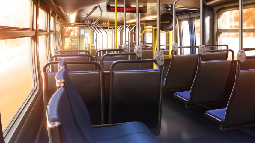 aisle blurry blurry_background bus bus_interior car_seat column glowing handrail highres motion_blur motor_vehicle no_humans non-web_source official_art orange_light our_life our_life:_beginnings_and_always pillar poster_(object) scenery sidewalk sign sunset tree variant_set window window_light