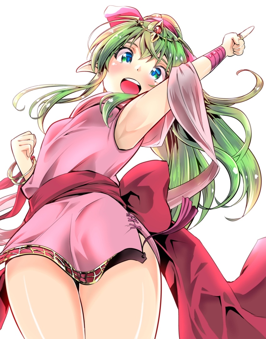1girl armpits bare_legs bracelet dress female_focus fire_emblem fire_emblem:_mystery_of_the_emblem green_eyes green_hair hahe highres jewelry long_hair nintendo open_mouth pink_dress pointy_ears ponytail short_dress simple_background solo thick_thighs thighs tiara tiki_(fire_emblem) tiki_(young)_(fire_emblem) white_background